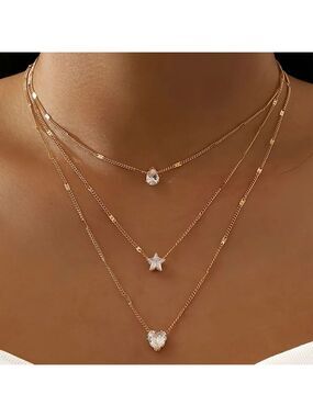 Multilayer Water Drop Love Star Rhinestone Pendant Clavicle Chain Necklace